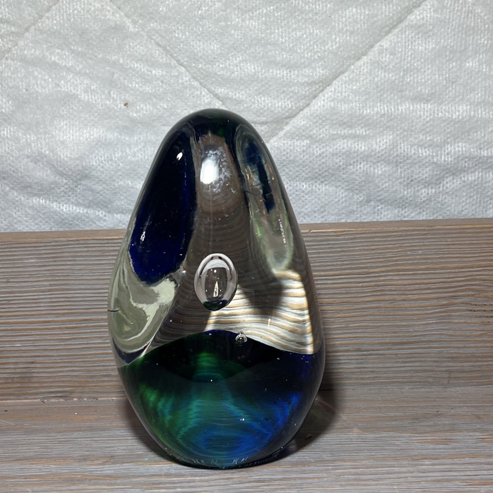 Green & Blue Art Glass Tear Drop Bubble Paperweight 4.5" Tall